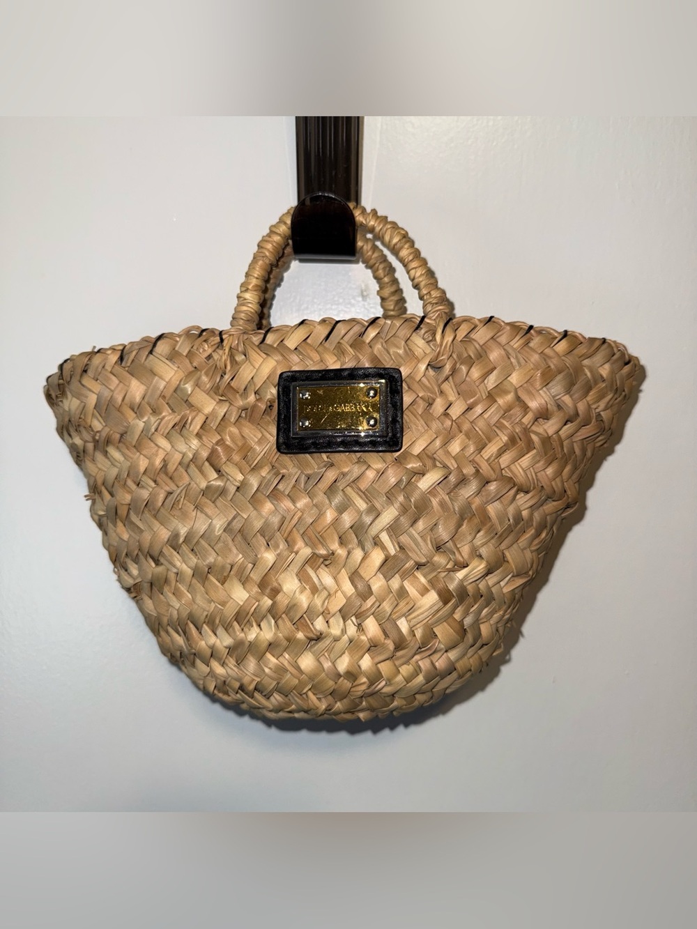 Dolce & Gabbana Natural Mini Straw Tote with Black Trim and Gold Plaque
